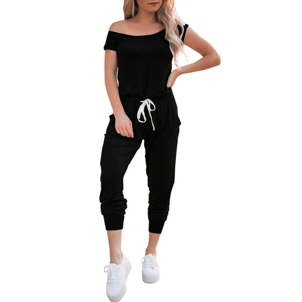 Womens One Shoulder Playsuit Tracksuit Short Sleeve Jumpsuit Gym Loungewear UK